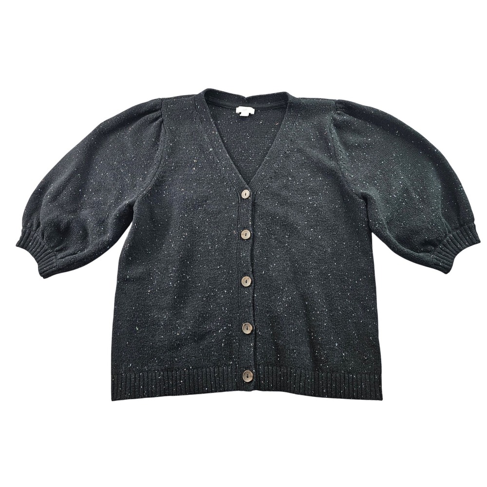J. Jill Cardigan Sweater Women's M Black Confetti Knit Puff Sleeve Button Front
